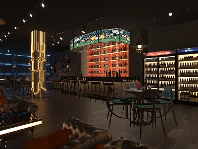 Modern Bar Interior With Illuminated Counter Wine Racks And Comfortable Seating 3d model