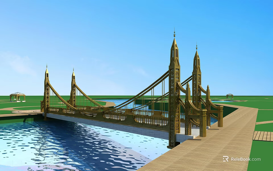 Garden Landscape With Golden Bridge Spire Towers Water And Wooden Walkway 3d model 