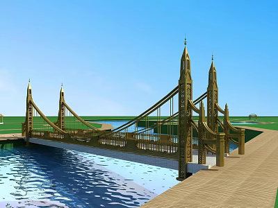 Garden Landscape With Golden Bridge Spire Towers Water And Wooden Walkway 3d model