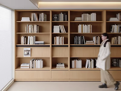 Modern Full Wall Light Wood Bookshelf With Neatly Arranged Books For Comfortable Home Study Space 3d model