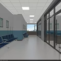 Hospital Waiting Area With Blue Chairs White Light Blue Walls Glass Windows And Ceiling Lights