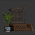 Classic Brown Sofa With Ornate Wooden Decorative Furniture Green Plant And Stacked Books