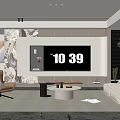 Modern Living Room Interior With Sofa TV Coffee Table Armchair And Marble Accent Wall