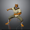 Tiger Character In Martial Arts Pose Wearing White Shirt Khaki Pants On Gray Gradient Background