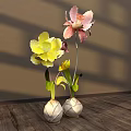 Floral Display with Yellow Pink Flowers in White Textured Vases on Wooden Table Shadow Effects