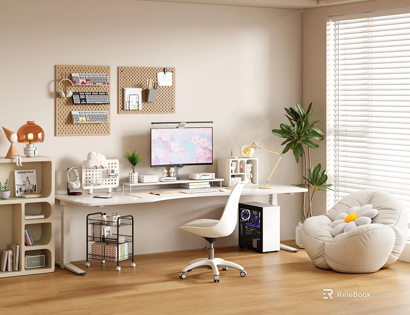 Modern Office Desk With Computer Monitor Desk Lamp White Chair Cork Boards And Green Plant 3d model 