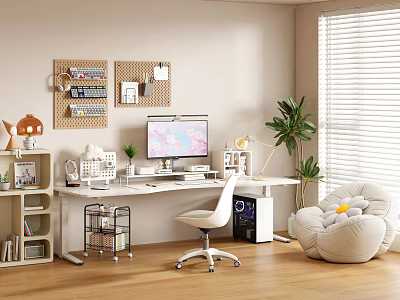 Modern Office Desk With Computer Monitor Desk Lamp White Chair Cork Boards And Green Plant 3d model