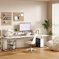 Modern Office Desk With Computer Monitor Desk Lamp White Chair Cork Boards And Green Plant