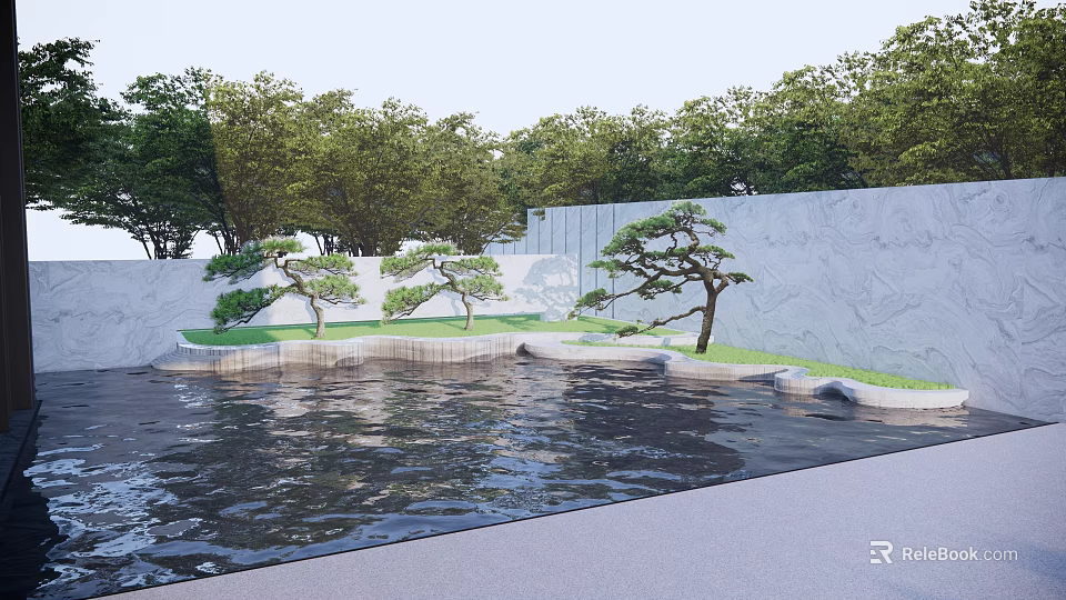 Garden Ornament Design With Pond Shaped Trees Decorative Wall And Green Background 3d model 