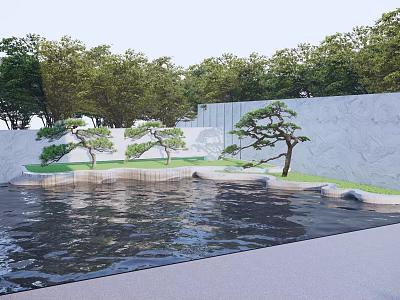 Garden Ornament Design With Pond Shaped Trees Decorative Wall And Green Background 3d model