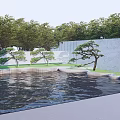 Garden Ornament Design With Pond Shaped Trees Decorative Wall And Green Background