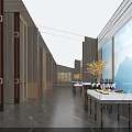 Elegant Banquet Hall Interior With Dark Marble Floor Wooden Decor Large Windows And Mountain View