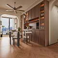 Modern Living and Dining Room Interior With Black Leather Sofa Armchair Ceiling Fan and Decorative Art
