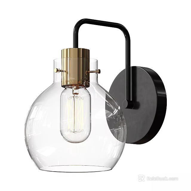 Modern Wall Lamp With Clear Glass Globe Gold Socket And Black Bracket Design 3d model 