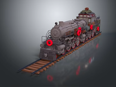 Vintage Steam Train Model With Red Accents On Wooden Tracks And Metal Carriage Design 3d model