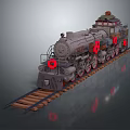 Vintage Steam Train Model With Red Accents On Wooden Tracks And Metal Carriage Design