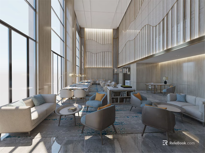 Bright Hotel Lobby Interior With Modern Design Wooden Elements Large Windows And Comfortable Seating 3d model 