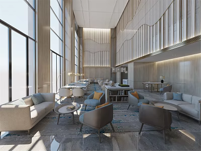 Bright Hotel Lobby Interior With Modern Design Wooden Elements Large Windows And Comfortable Seating 3d model