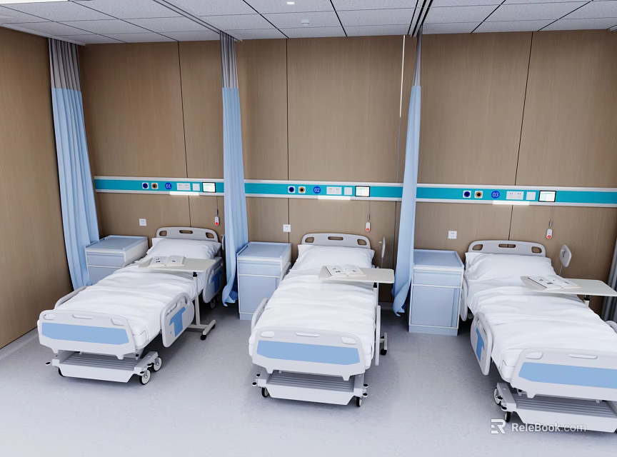 Modern Medical Beds In Hospital Ward With Adjustable Features Control Panels And Side Cabinets 3d model 