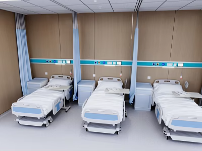 Modern Medical Beds In Hospital Ward With Adjustable Features Control Panels And Side Cabinets 3d model