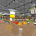 Supermarket Grocery Store Interior With Snacks Section Shelves Green Plants And Wooden Display Stands