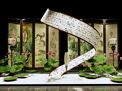 Ink Painting Style Art Installation With Scroll Lotus And Decorative Screens 3d model