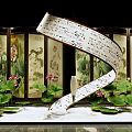 Ink Painting Style Art Installation With Scroll Lotus And Decorative Screens