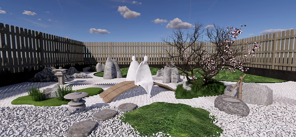 Tranquil Japanese Courtyard Garden With Stone Lantern Curved Wooden Bridge Pink Flowering Tree Rocks White Gravel 3d model 