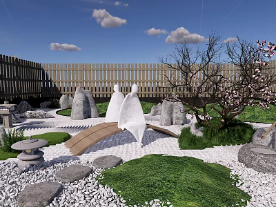 Tranquil Japanese Courtyard Garden With Stone Lantern Curved Wooden Bridge Pink Flowering Tree Rocks White Gravel 3d model