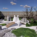 Tranquil Japanese Courtyard Garden With Stone Lantern Curved Wooden Bridge Pink Flowering Tree Rocks White Gravel