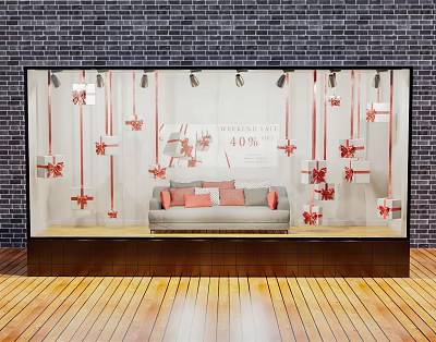 Decorated Store Window Display with Hanging Gift Boxes Red Bows Gray Sofa and 40% Discount 3d model