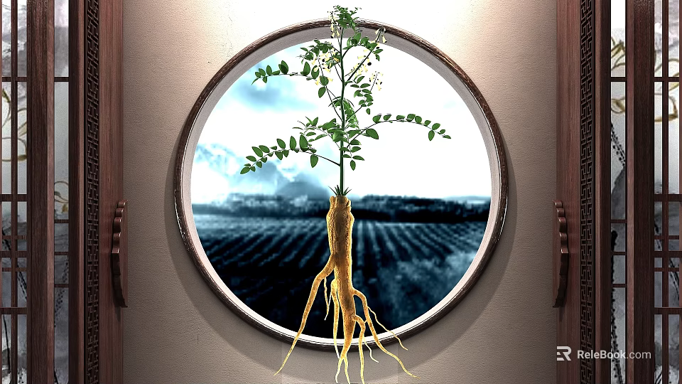 Wooden Framed Circular Artwork Featuring Plant With Roots And Field View 3d model 