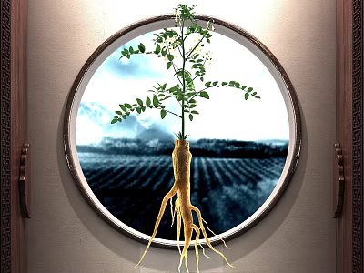 Wooden Framed Circular Artwork Featuring Plant With Roots And Field View 3d model