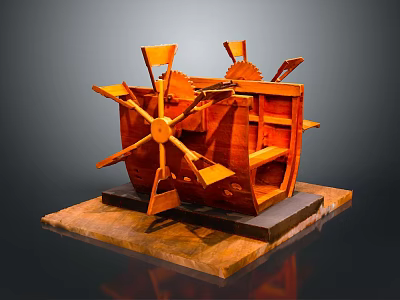 Intricate Wooden Mechanical Model With Rotating Wheels Shelf Components On Wooden Base 3d model