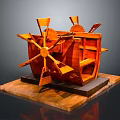 Intricate Wooden Mechanical Model With Rotating Wheels Shelf Components On Wooden Base