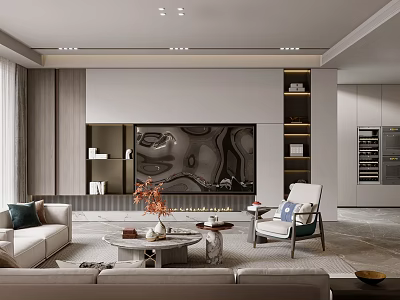 Elegant Modern Living Room Interior With Marble TV Wall Beige Sofa And Open Shelves 3d model