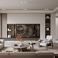 Elegant Modern Living Room Interior With Marble TV Wall Beige Sofa And Open Shelves