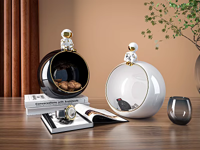 Decorative Ornament Set With Astronaut Figurine Spherical Design Book Watch And Green Plant 3d model