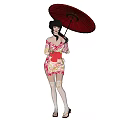 Woman Wearing Pink Floral Kimono With Red Bow Holding Red Umbrella Against Black Background