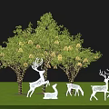 Night Scene Featuring Decorated Tree With Yellow Lanterns And White Deer Silhouettes On Green Grass