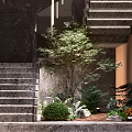 Modern Interior Staircase Design With Marble Steps Hanging Lights Green Plants And Wooden Accents