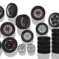 Various New Tires With Alloy Rims Stacked Arrangement And Different Tread Patterns