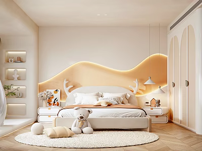 Kids Room With Wavy Lit Accent Wall Deer Head Headboard Stuffed Toys And Round Rug 3d model