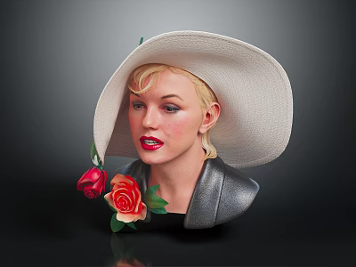Female Bust Wearing Wide Brimmed White Hat With Green Decorations And Red Roses 3d model