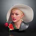 Female Bust Wearing Wide Brimmed White Hat With Green Decorations And Red Roses
