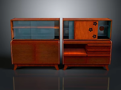 Pair Of Wooden Display Cabinets With Glass Doors And Drawer Storage 3d model