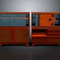 Pair Of Wooden Display Cabinets With Glass Doors And Drawer Storage