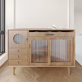 Wooden Entryway Cabinet Sideboard With Drawers Mesh Doors And Circular Decorative Hole