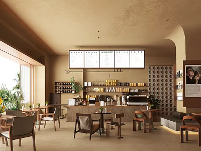 Cozy Modern Café Interior With Wooden Tables Bar Counter Menu Screens Plants And Natural Light 3d model