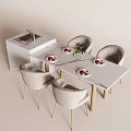 Modern Dining Table Set With Marble Tabletop And Beige Upholstered Chairs Wooden Legs